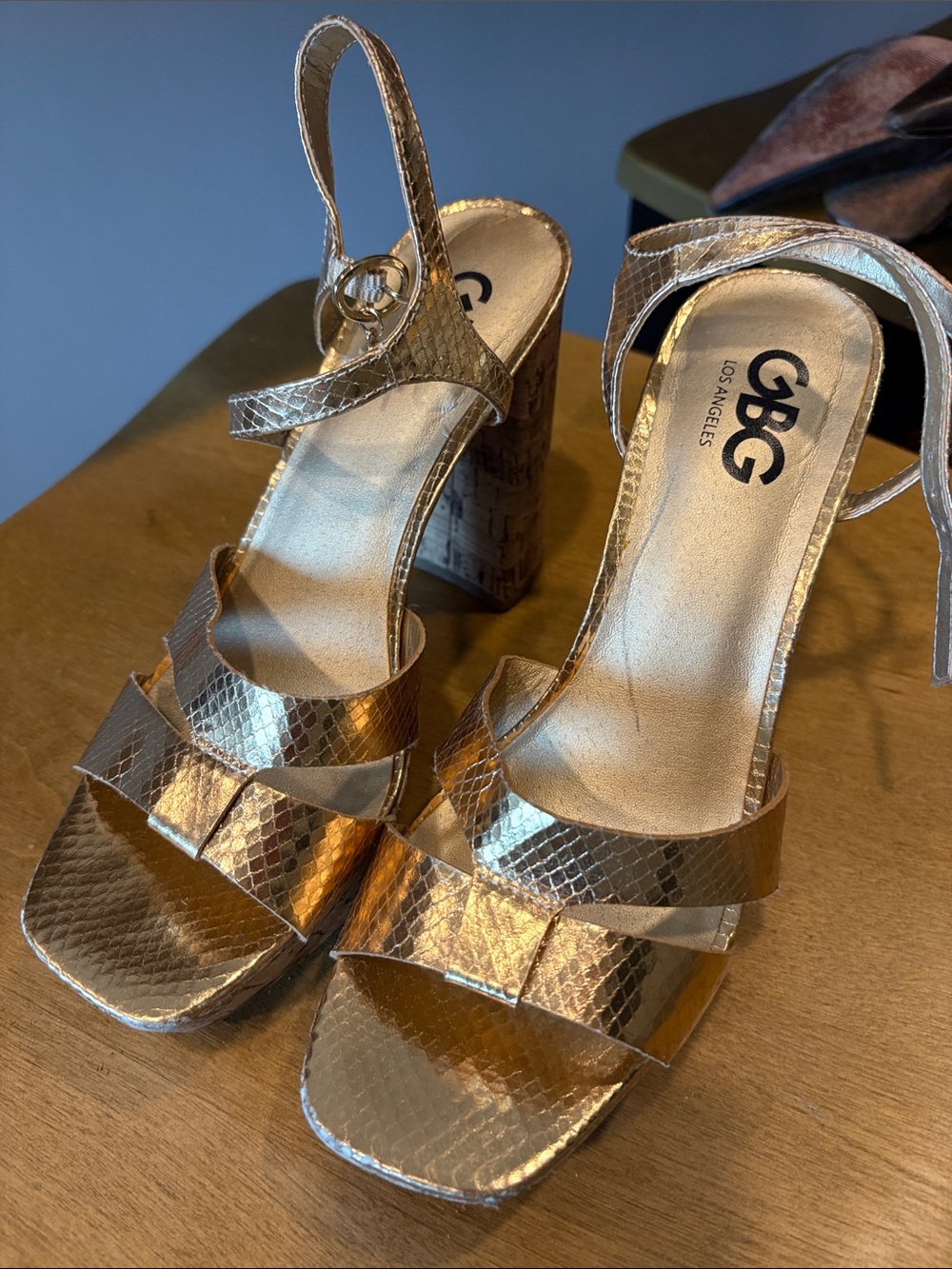 GBG Los Angeles Metallic Gold Snakeskin Block Heel Sandals